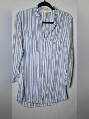 Anthropologie Cloth & Stone Chambray Blue White Stripe Button Shirt Dress S